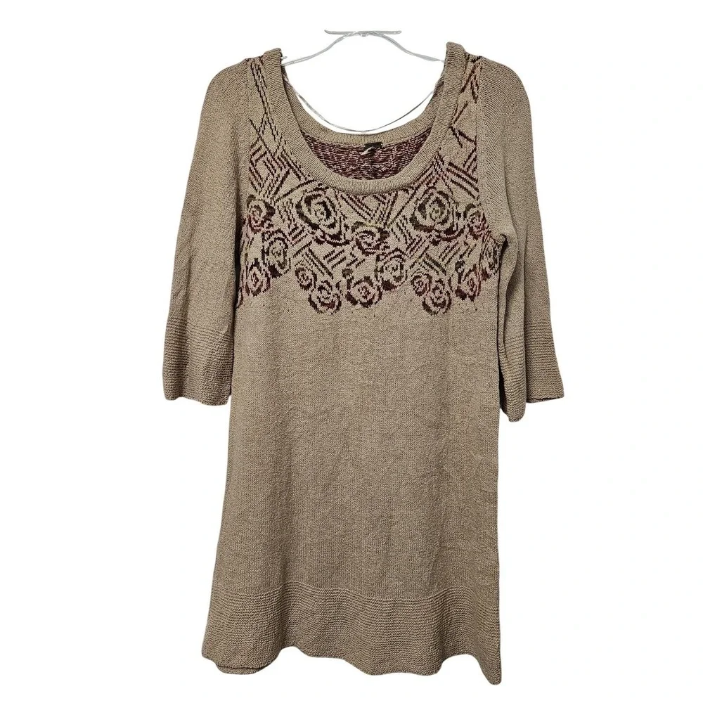 Free‎ People Tunic Desert Rose Sweater Womens L Tan Floral Knit 3/4 Sleeve Boho